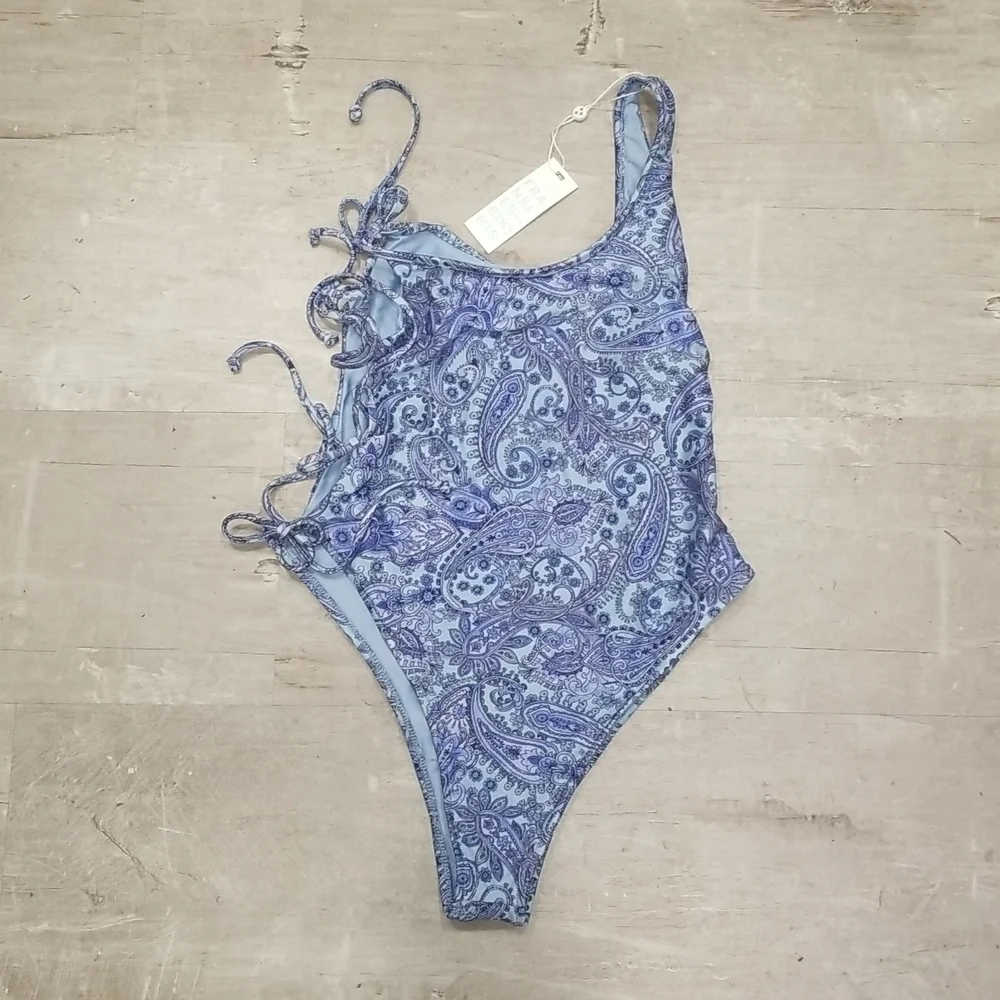 💕FRANKIE'S💕 Honey One Shoulder Cheeky Swimsuit ~ Blue Paisley L Large NWT